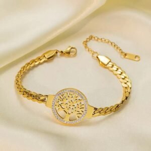 قطعة واحدة سوار ذهبي من الفولاذ المقاوم للصدأ بتصميم شجرة الحياة للنساء